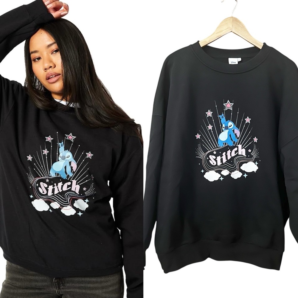Disney Lilo Stitch Black Graphic Women's Sweater L Crew Neck Vegas Skinny Dip
